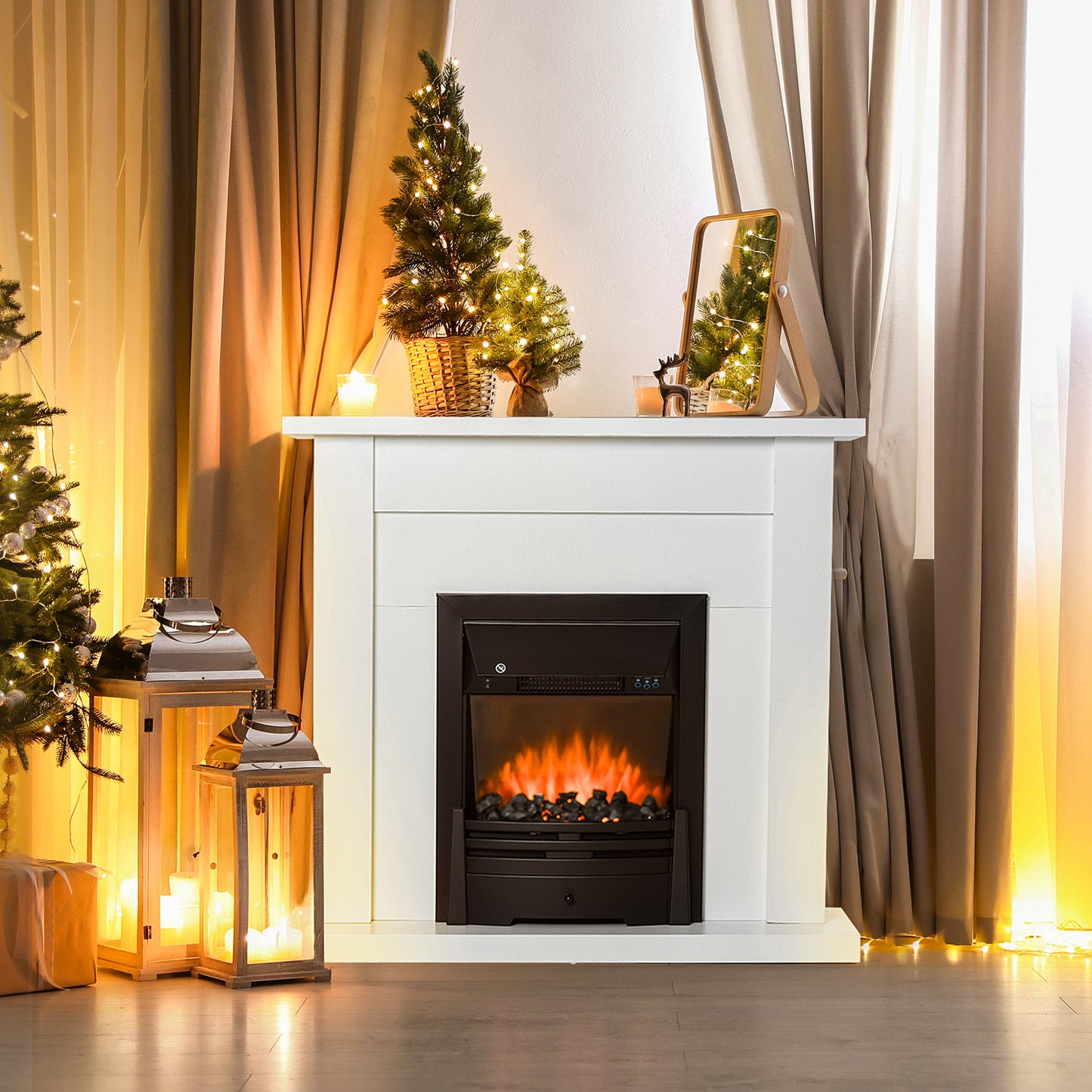 40" Electric Firplace Suites & Mantelpiece w/LED Flames Remote Marble Stone Modern Curved Surround Intelligent Safe Adjustabl