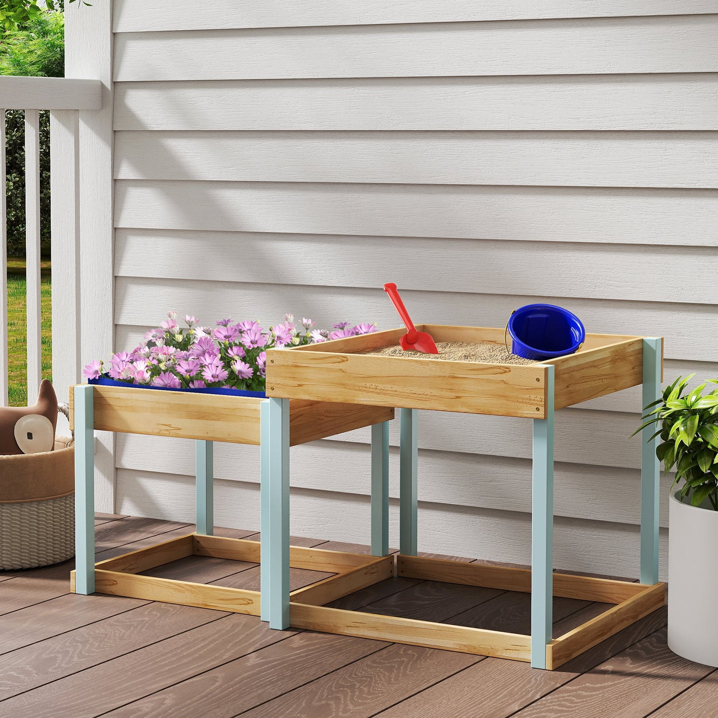 2 PCS Wooden Outdoor Sand and Water Play Tables with Bottom Liner for Kids Aged 3-8 Years Old, Natural Wood Finish