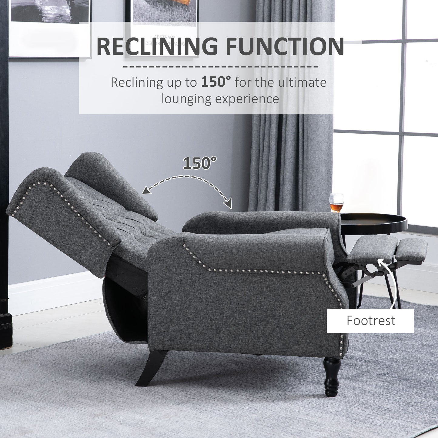 Recliner Armchair, Vintage Reclining Chair with Nail Head Trim, Wingback Chair with Button Tufted Back and Footrest
