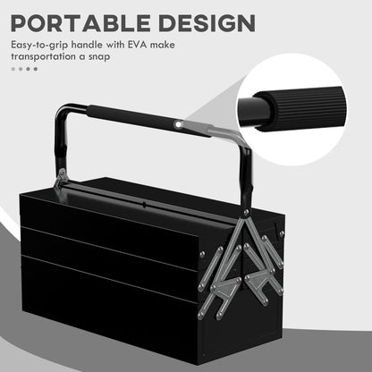 3 Tier Metal Toolbox, 5 Tray Professional Portable Tool Box with Carry Handle for Workshop, 45cmx20cmx34.5cm, Black