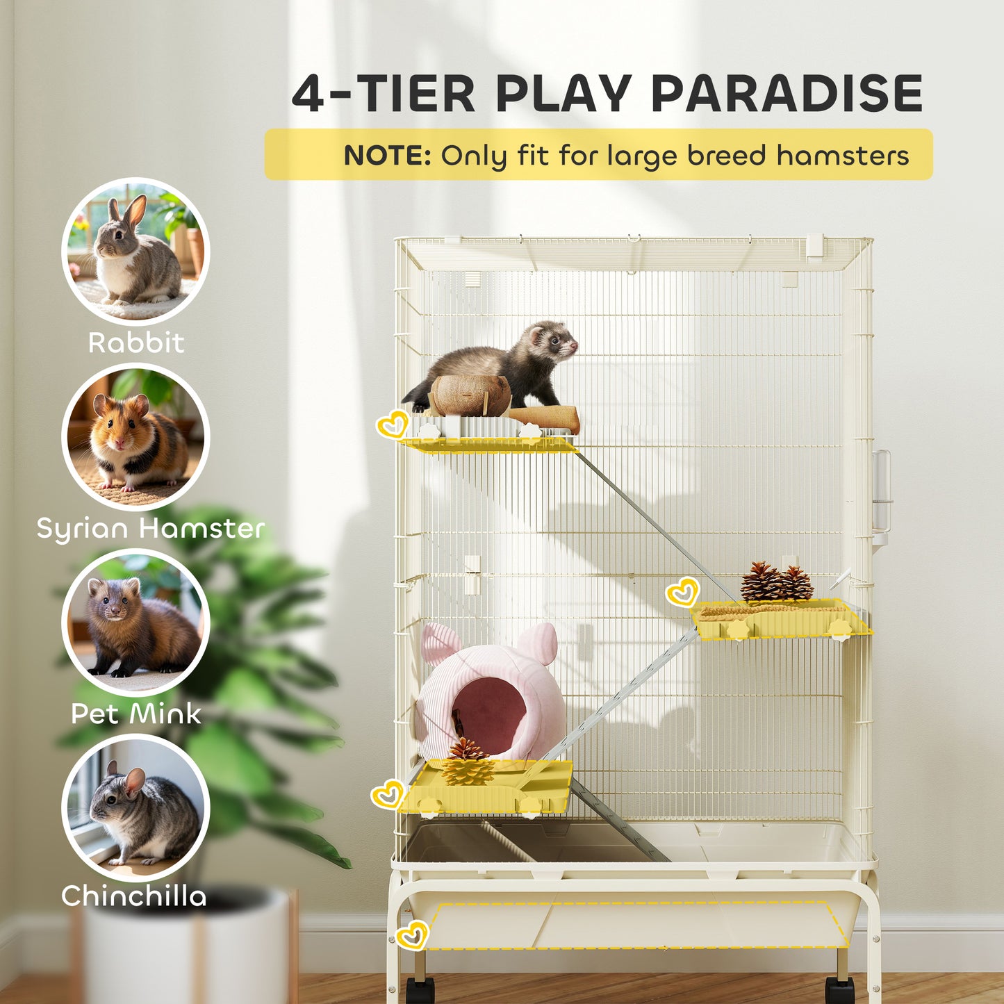 4-Level Rolling Small Animal Cage, Rabbit Cage with 3 Ramps, Water Bottle, Food Dish, 15cm Deep Tray, Beige