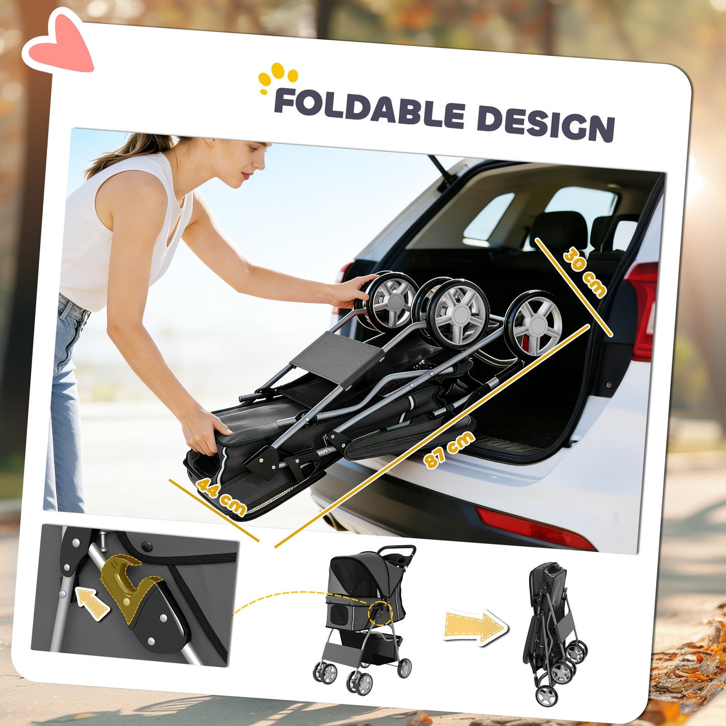 Dog Pram, Pet Stroller with Reflective Strips, Foldable Cat Stroller with 360° Swivel Wheels, Dark Grey
