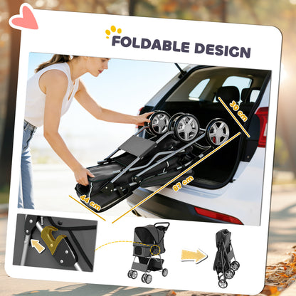 Dog Pram, Pet Stroller with Reflective Strips, Foldable Cat Stroller with 360° Swivel Wheels, Dark Grey