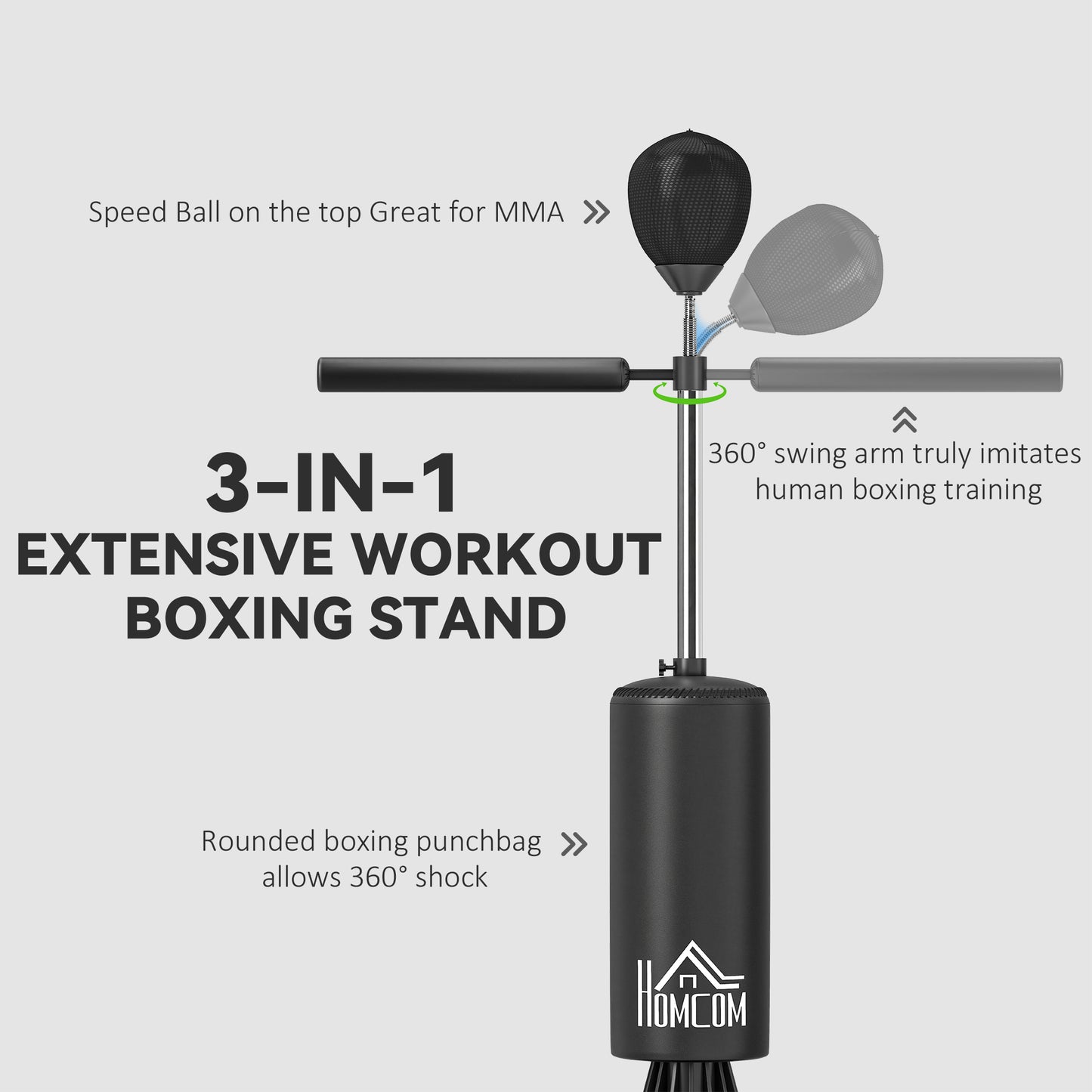 155-205cm 3-IN-1 Freestanding Boxing Punching Bag Stand, Boxing Speed Trainer with Rotating Flexible Arm, Speed Ball