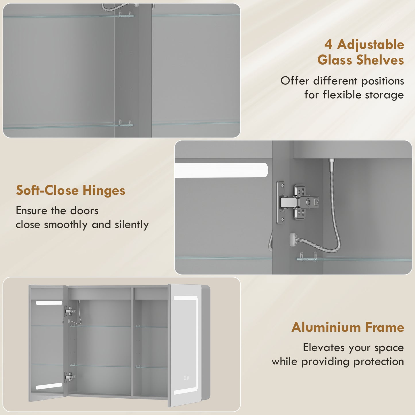 Mirrored Bathroom Cabinet with LED Lights, 60 x 80 cm Bathroom Mirror Cabinet with Anti-Fog, 3 Colour Dimmable Lighting