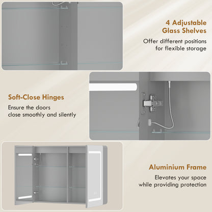 Mirrored Bathroom Cabinet with LED Lights, 60 x 80 cm Bathroom Mirror Cabinet with Anti-Fog, 3 Colour Dimmable Lighting