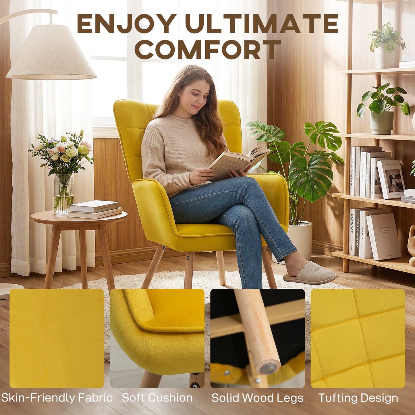 Modern Accent Chair, Upholstered High Back Armchair with Tufted Wingback, Seat Padding