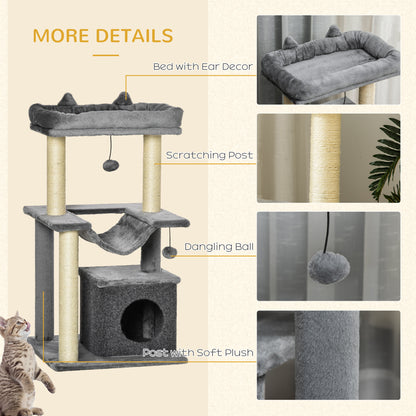 Cat Tree, 90cm Cat Tower with Sisal Scratching Posts, Cat Condo, Hammock, Top Perch and 2 Hanging Toys for Cats, Grey