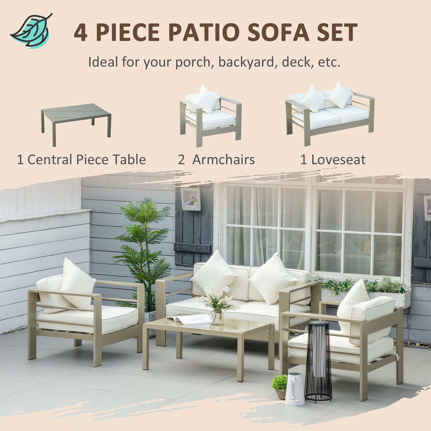 4 Pieces Outdoor Garden Furniture Set, Aluminium Frame Backyard Furniture w/ Thick Padded Cushioned Loveseat, 2 Chairs