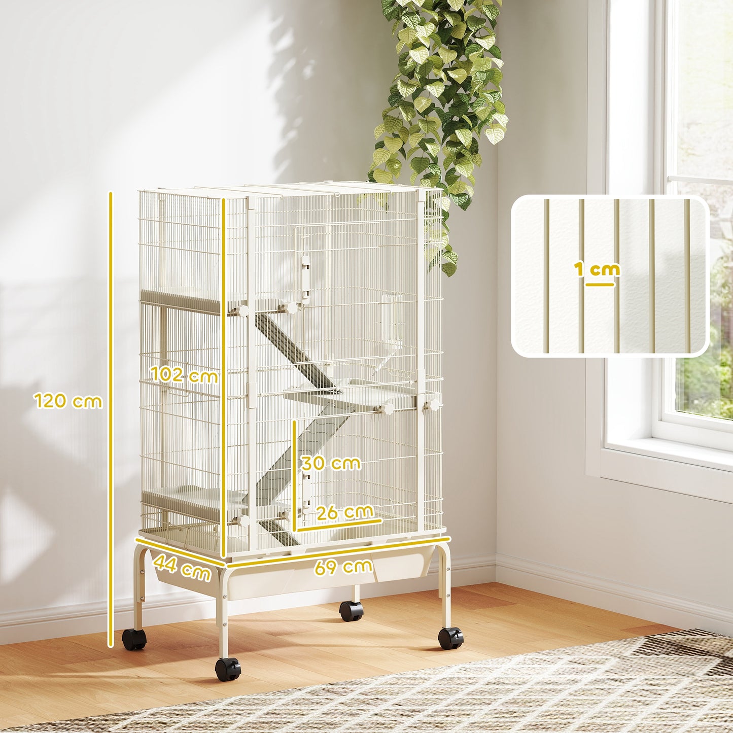 4-Level Rolling Small Animal Cage, Rabbit Cage with 3 Ramps, Water Bottle, Food Dish, 15cm Deep Tray, Beige