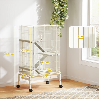 4-Level Rolling Small Animal Cage, Rabbit Cage with 3 Ramps, Water Bottle, Food Dish, 15cm Deep Tray, Beige