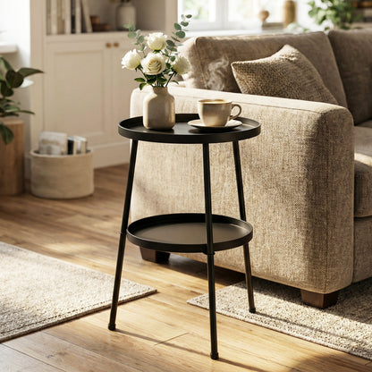 Patio Side Table, 2-Tier Round Coffee End Table for Garden Balcony Living Room Bedroom, Black