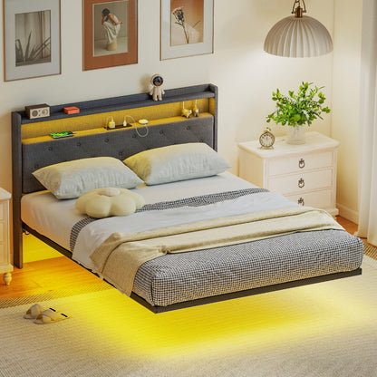 Floating Bed Frame, Upholstered 4ft6 Double Size Bed, Platform Bed with RGB LED Lights and Charging Station, Grey