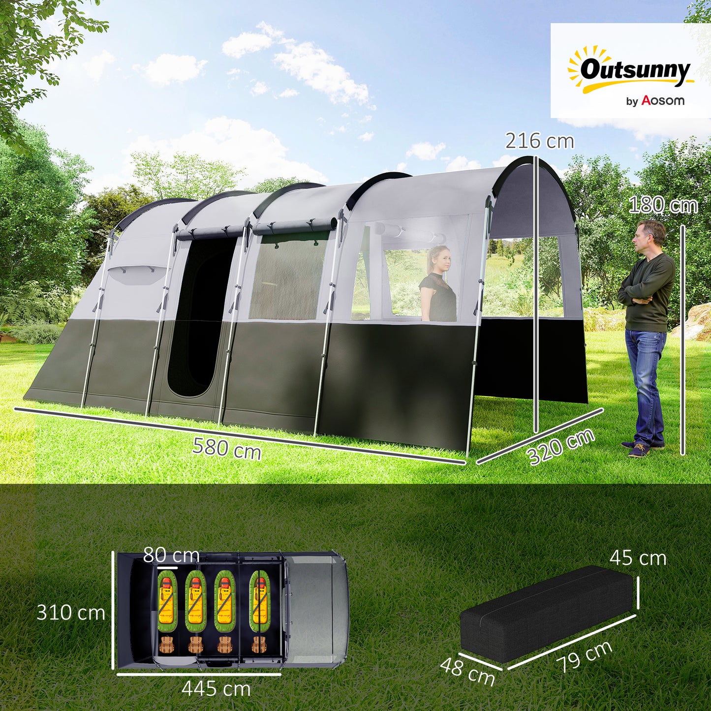4 Person Camping Tent, Waterproof Family Tent, Tunnel Design, 4 Large Windows, Sleeping Cabins 3000mm Water Column Grey