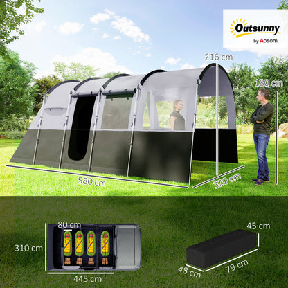4 Person Camping Tent, Waterproof Family Tent, Tunnel Design, 4 Large Windows, Sleeping Cabins 3000mm Water Column Grey