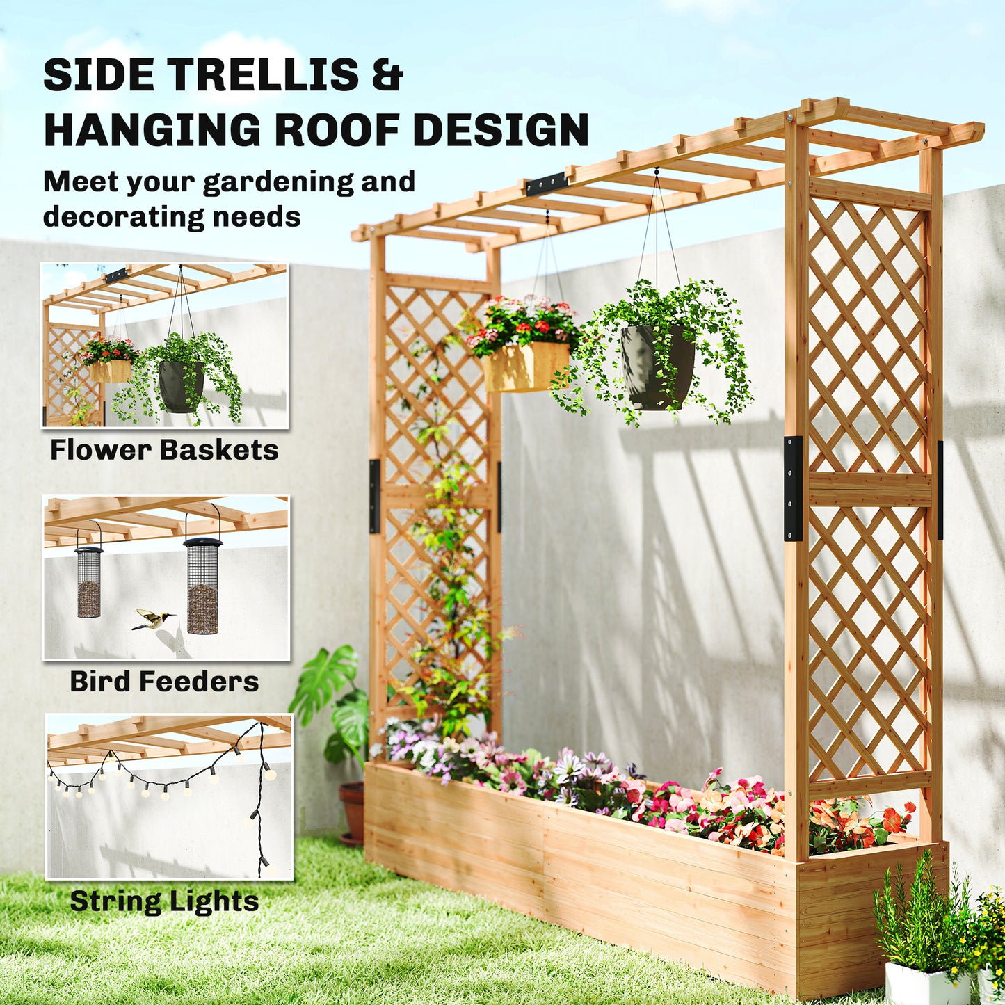 Fir Wood 171 x 39 cm Planter and Trellis Garden Bed