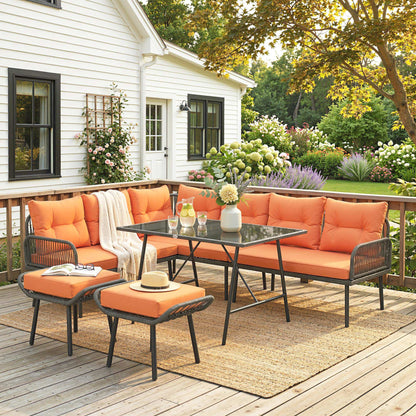 6 Piece Rattan Garden Furniture Set, 8 Seater Garden Corner Sofa with Cushions and Glass Top Table, Orange