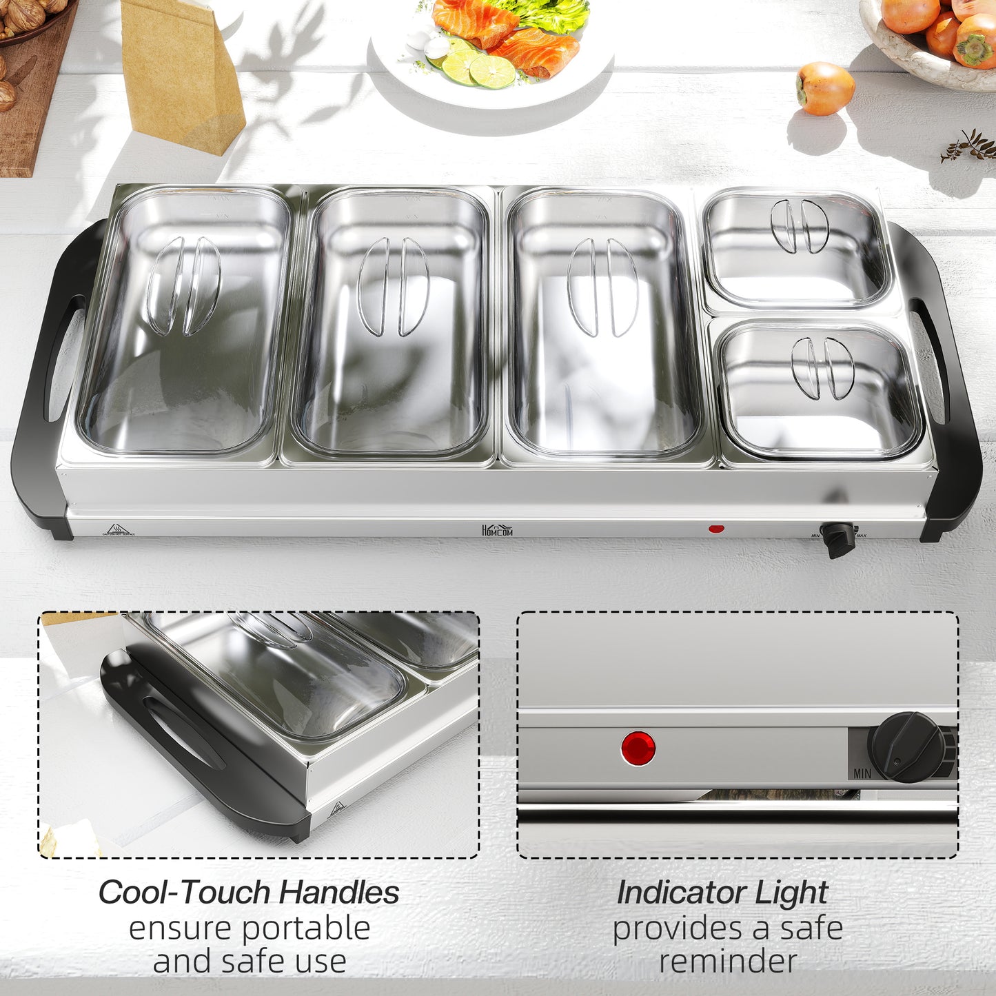 5 Tray Electric Food Warmer Buffet Server with Warming Plate, Cool Touch Handles, Adjustable Temperature, 300W