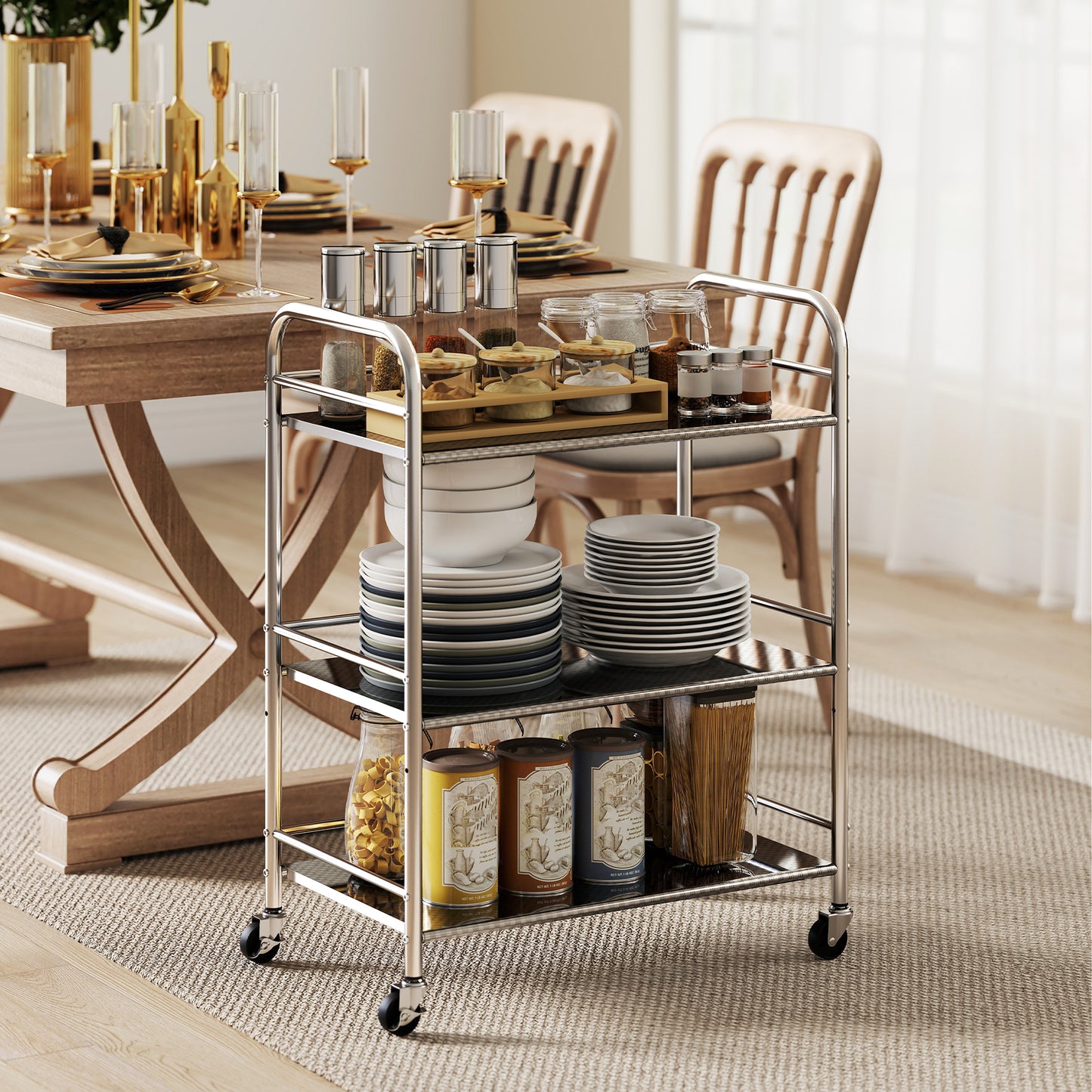 3 Tier Stainless Steel Kitchen Storage Trolley with Adjustable Shelf - Silver