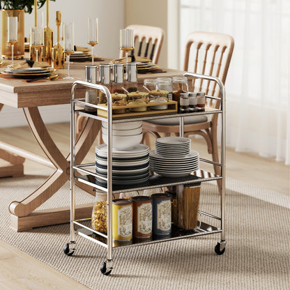 3 Tier Stainless Steel Kitchen Storage Trolley with Adjustable Shelf - Silver