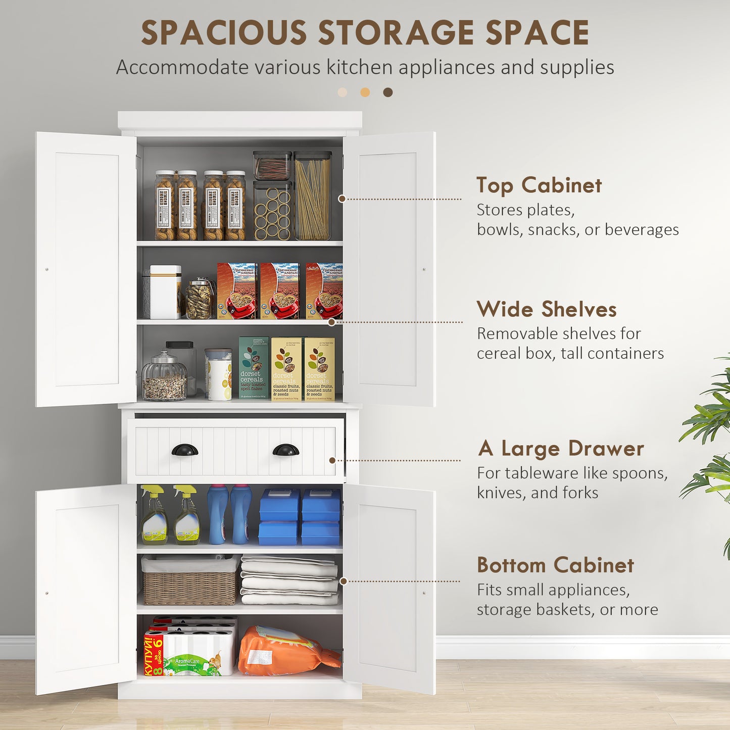 Kitchen Storage Cabinet with Drawer and Adjustable Shelves - White