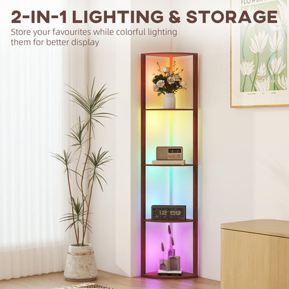 RGB Standing Lamp with Shelves, 4-Tier LED Floor Lamp with Multiple Lighting Modes, Brown