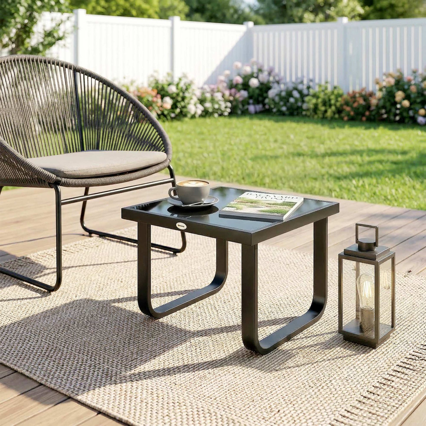 Outdoor Garden Coffee Table, Rectangle Metal Side Table with Tempered Glass Tabletop, Adjustable Foot Pads