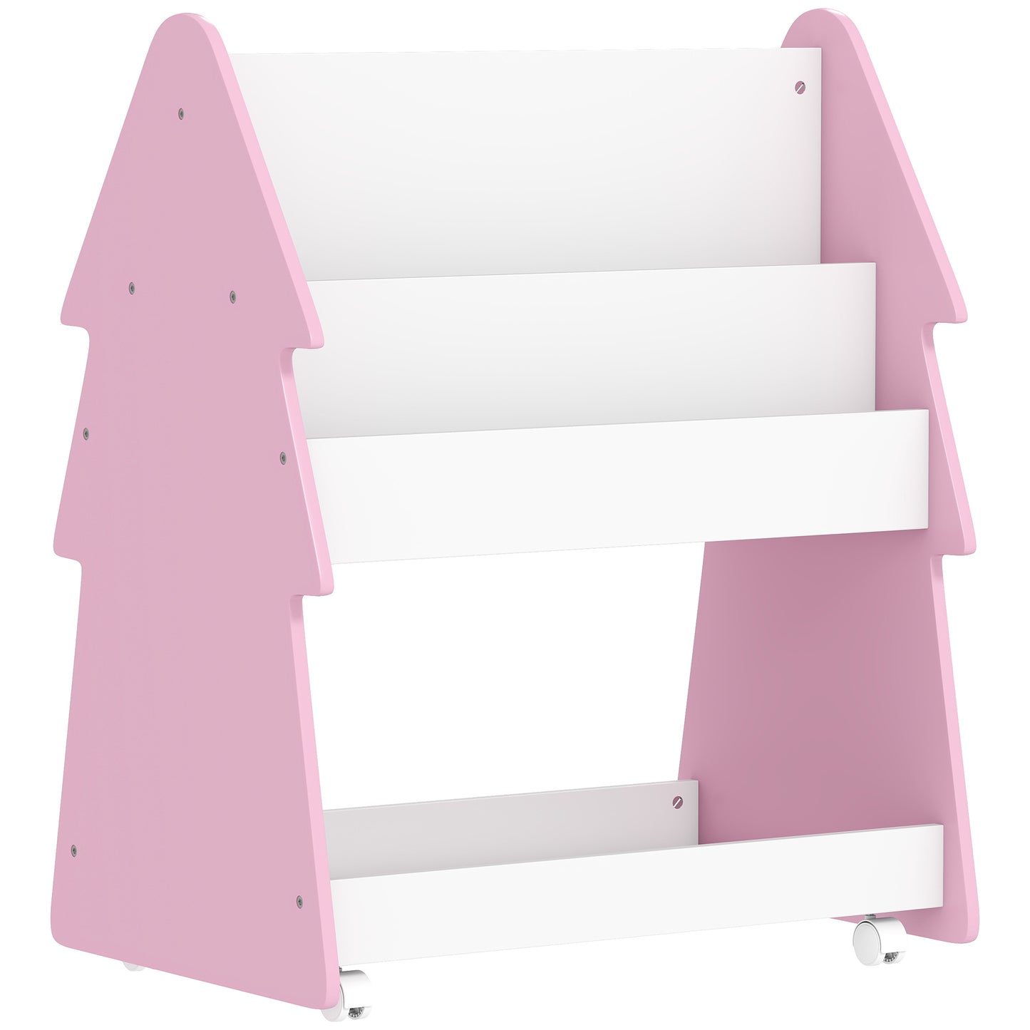 Kids Bookshelf with Toy Storage, Double-Sided Bookcase with Wheels, 3 Tier Kids Book Rack for Bedroom, Pink
