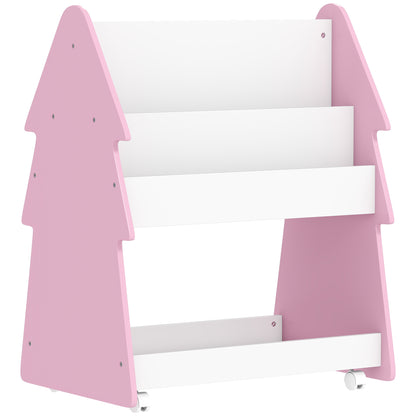 Kids Bookshelf with Toy Storage, Double-Sided Bookcase with Wheels, 3 Tier Kids Book Rack for Bedroom, Pink