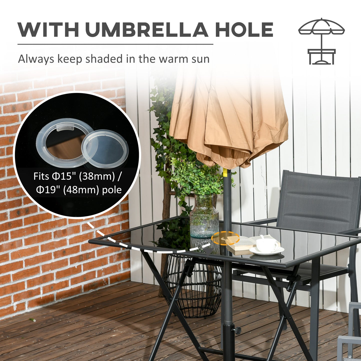 Folding Outdoor Dining Table for 6, Rectangle Garden Table Tempered Glass Top with Parasol Hole for Patio, Balcony, Terrace
