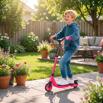 Electric Scooter for Kids 6+, Foldable E Scooter, Up to 8 KM/H, Maximum Range 6 KM, Adjustable Height, Pink