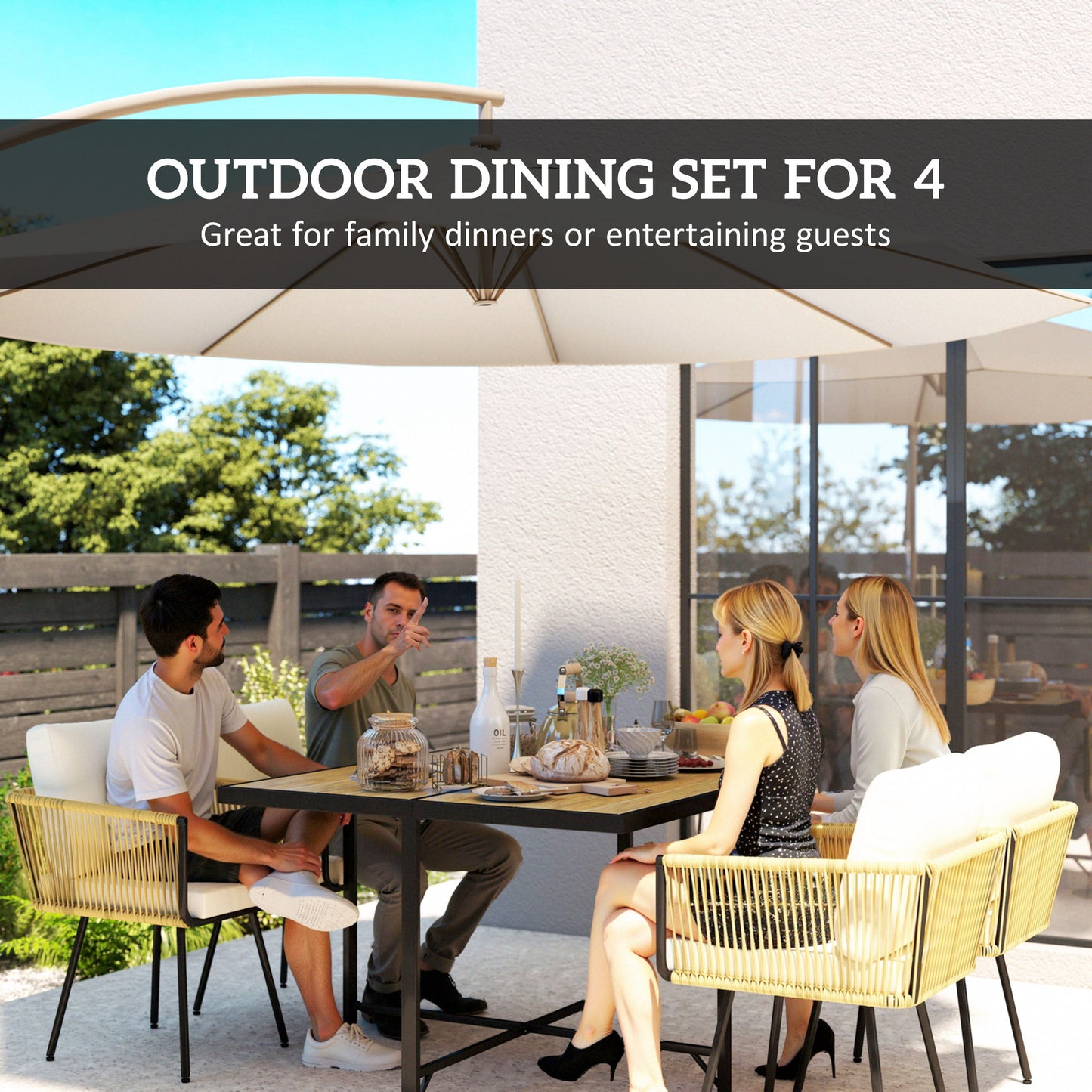 5 Piece Garden Furniture Set, Garden Dining Set with Wood-Plastic Table and 4 Armchairs, Beige