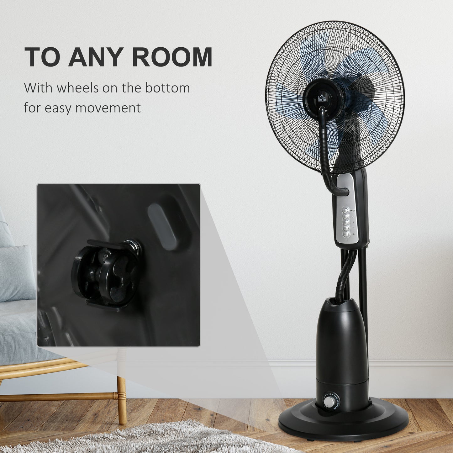 Spray Misting Fan, Floor Fan with Water Mist Spray, 70° Oscillation, Tilt Head, 3 Speeds, 2.8L Water Tank, Black