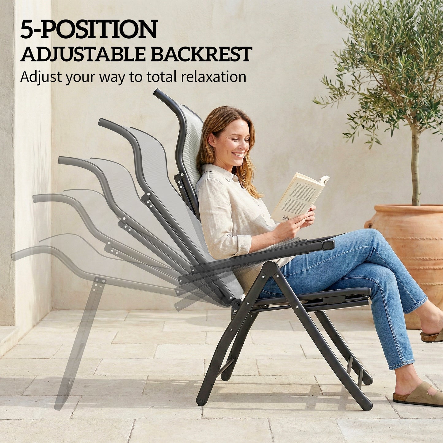 Reclining Garden Chairs Set of 2, 5-Position Folding Sun Loungers with High Back, Retractable Footrest, Light Grey