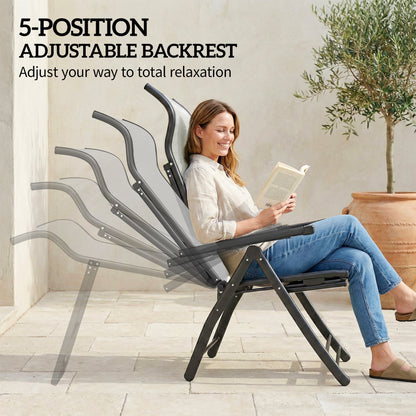 Reclining Garden Chairs Set of 2, 5-Position Folding Sun Loungers with High Back, Retractable Footrest, Light Grey