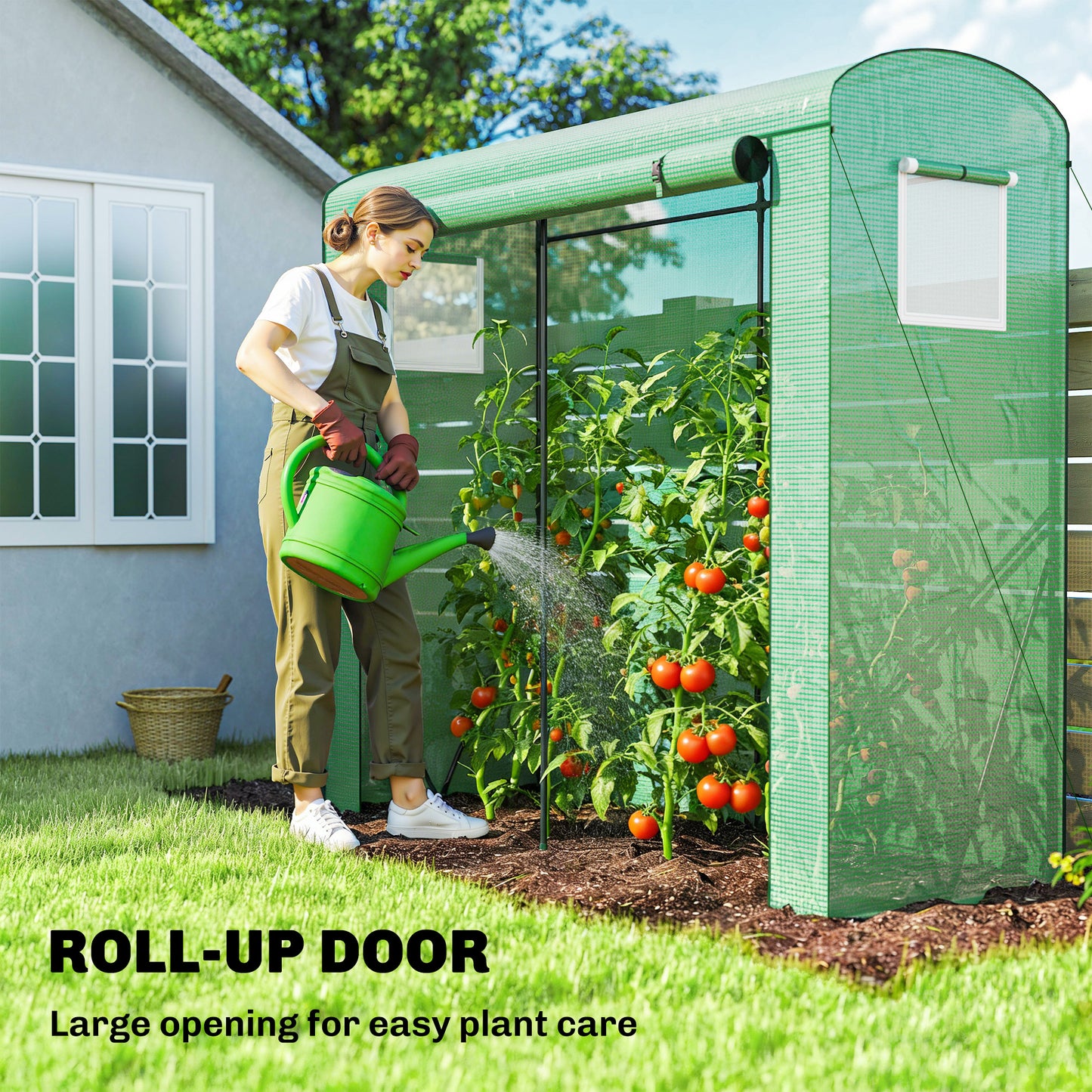 Mini Greenhouse, Garden Tomato Growhouse with Roll-Up Door and 2 Mesh Windows, PE Cover, 200 x 75 x 188 cm, Green