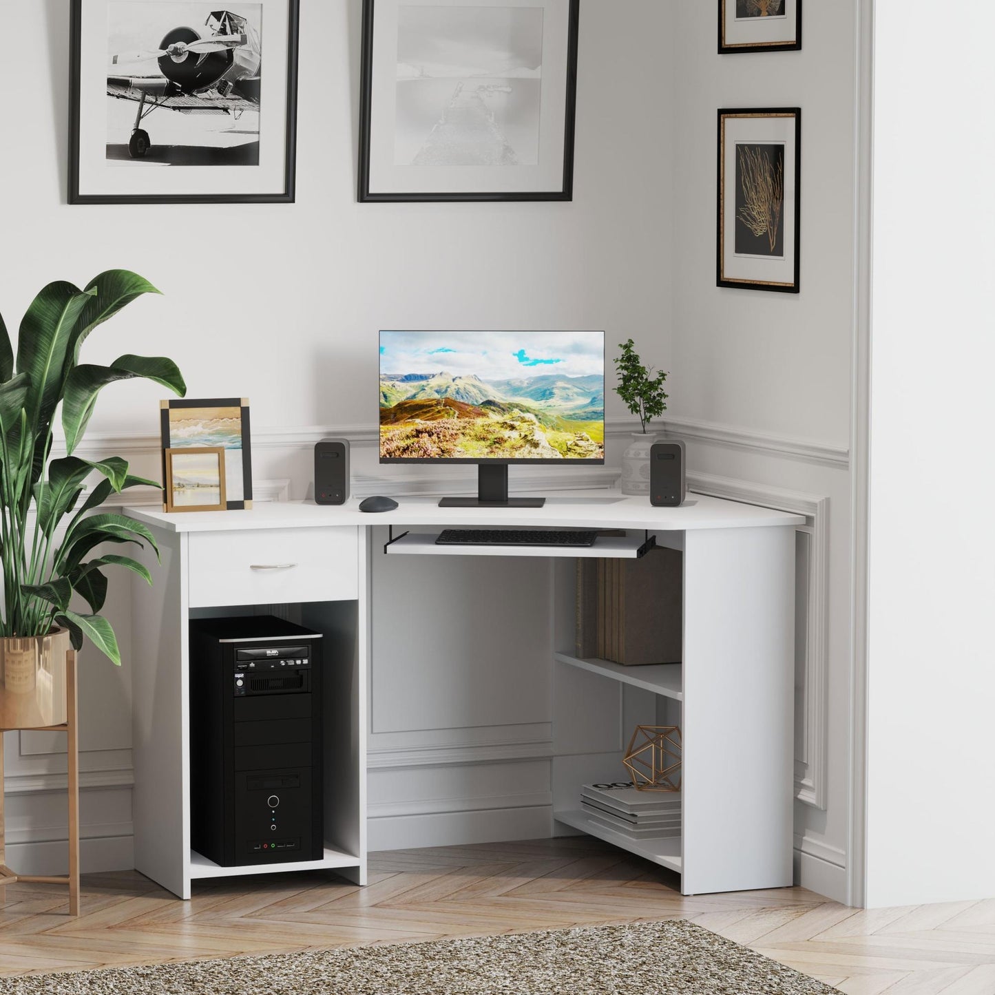 L-Shaped Corner Computer Desk w/ 2 Shelves Wide Worktop Keyboard Tray Drawer & CPU Stand Home Office Study Bedroom Furniture
