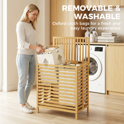 Bamboo Laundry Basket with Lid, 2 Baskets, Foldable, 64L, Natural and Cream White