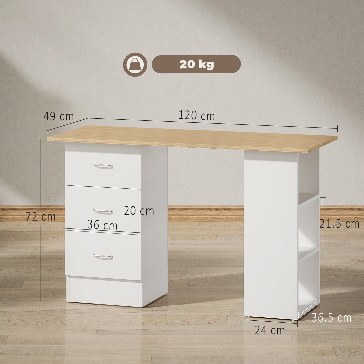 Computer Desk with Drawers, Home Office Desk, Writing Table, PC Workstation with 3 Storage Shelves for Working, Study