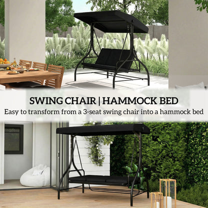 3 Seater Canopy Swing Chair, 2 in 1 Garden Swing Seat Bed, with Adjustable Canopy and Metal Frame, Black