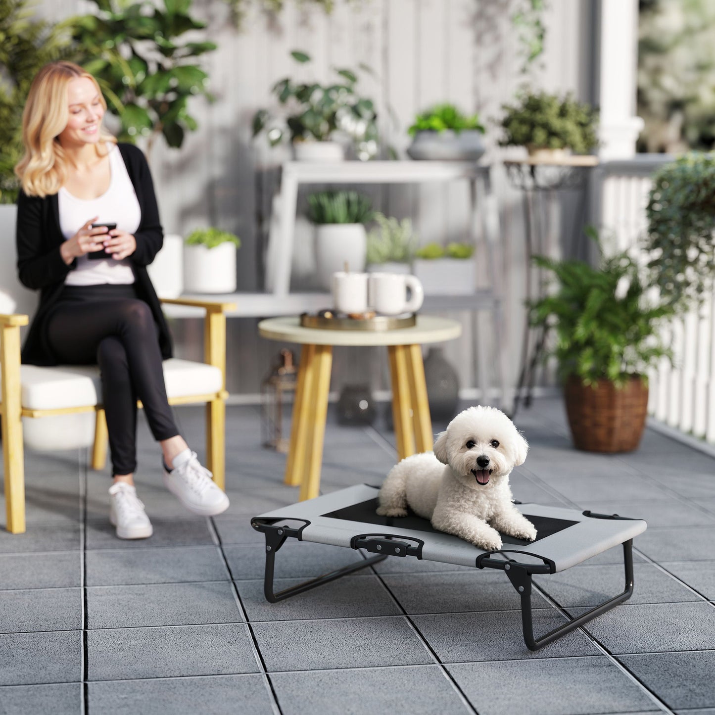 Portable Raised Dog Bed, Elevated Pet Cot with Breathable Mesh for Indoor Outdoor, for Small Medium Dogs, Light Grey