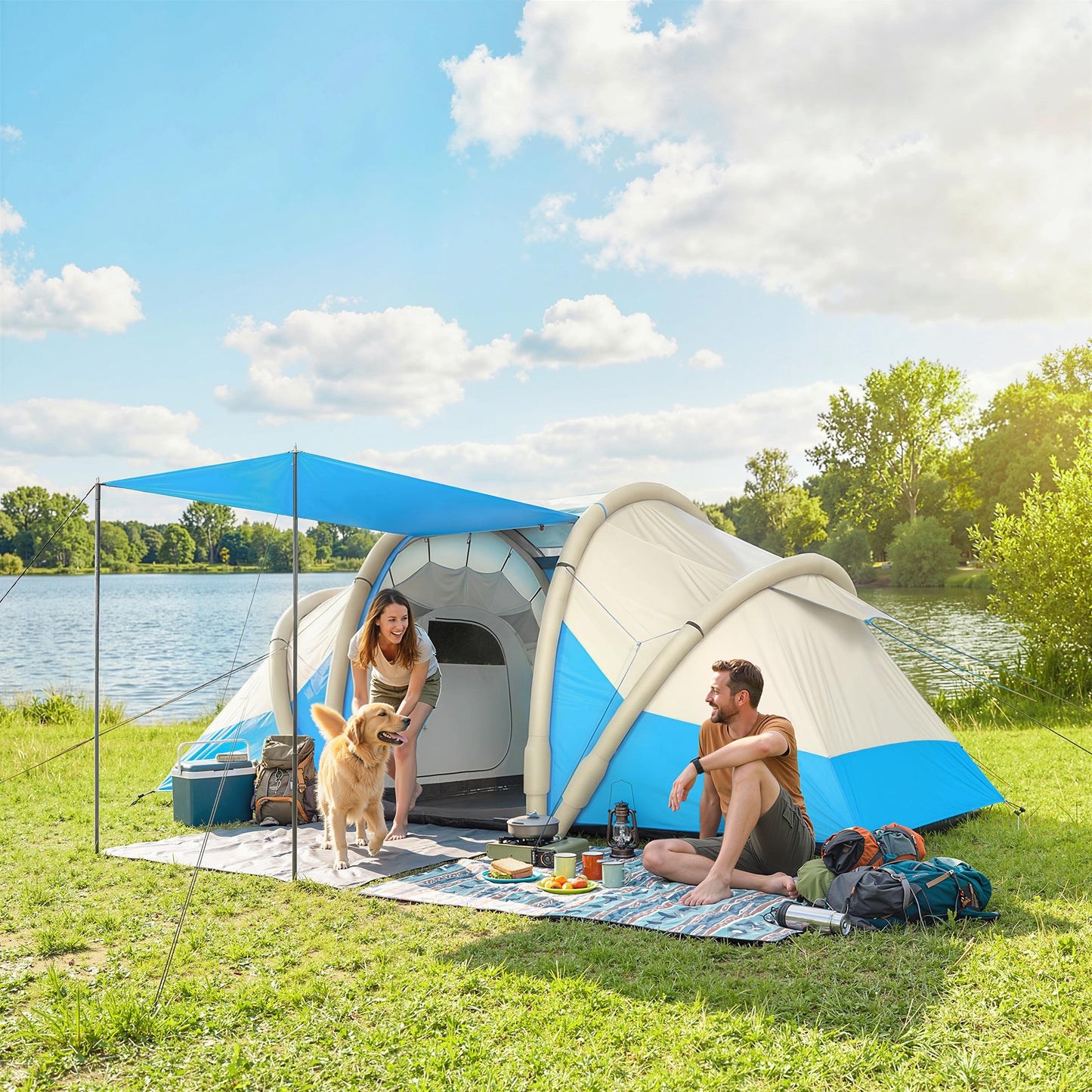 Inflatable Tent 2 Bedroom Tunnel Design Windproof Air Tent with Carry Bag for 4 Person