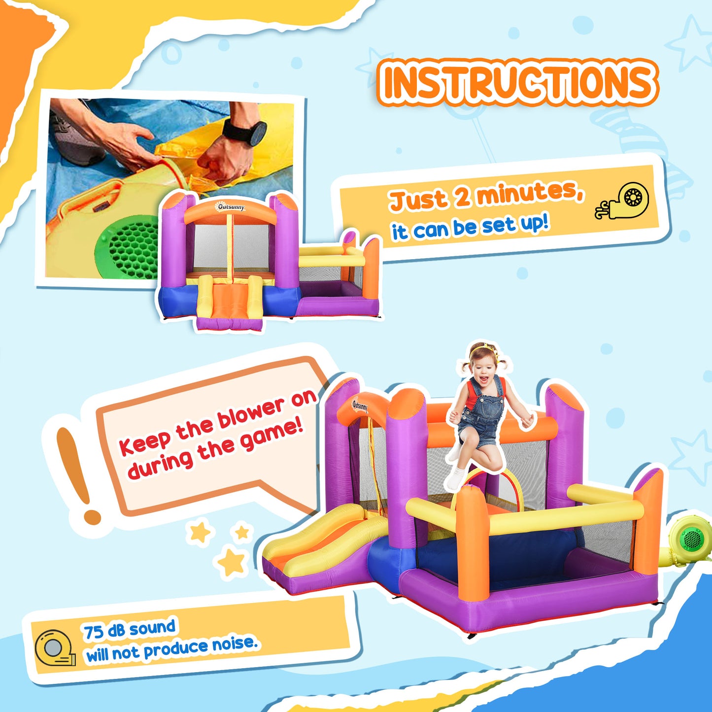 Kids Bouncy Castle House Inflatable Trampoline Slide Water Pool 3 in 1 with Blower Indoor Outdoor for Kids Age 3-8 Multi-Colo