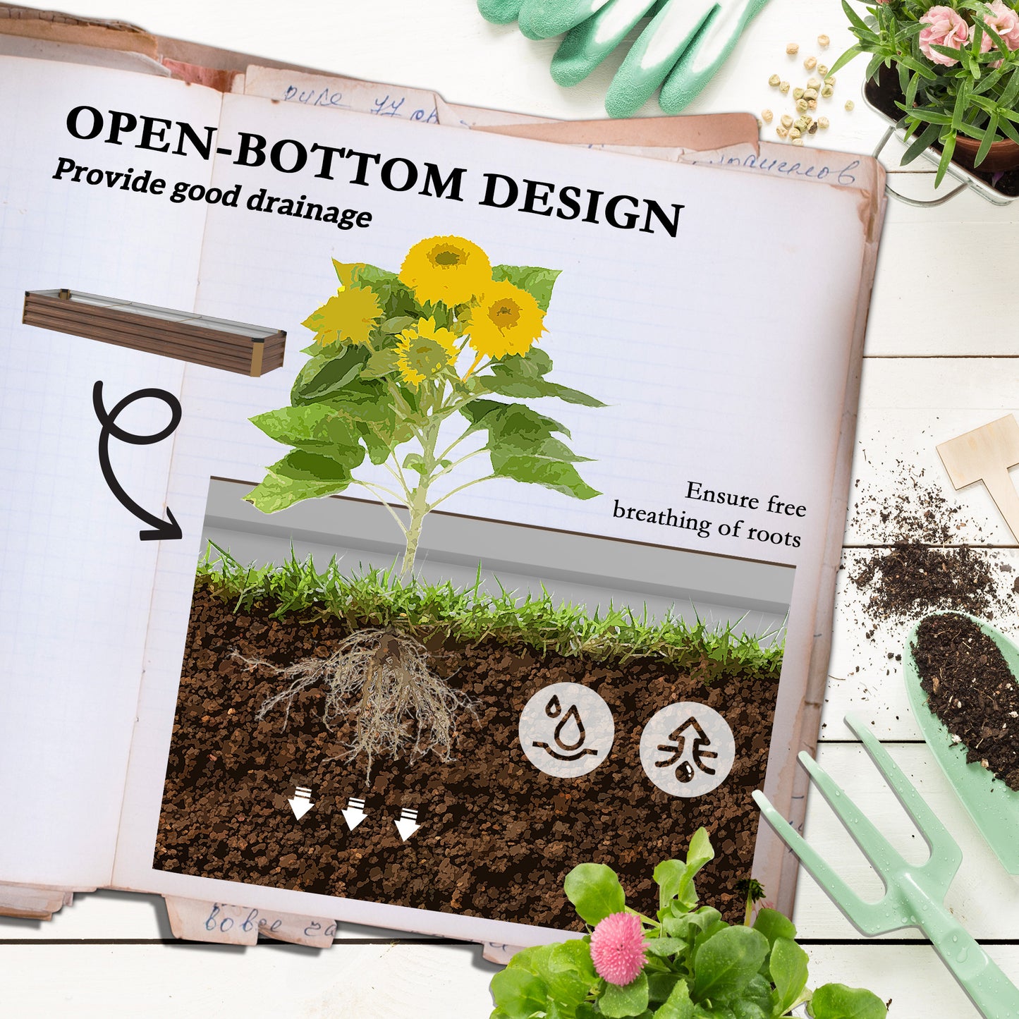 60 x 240cm Galvanised Steel Planter, with Open Bottom, Brown