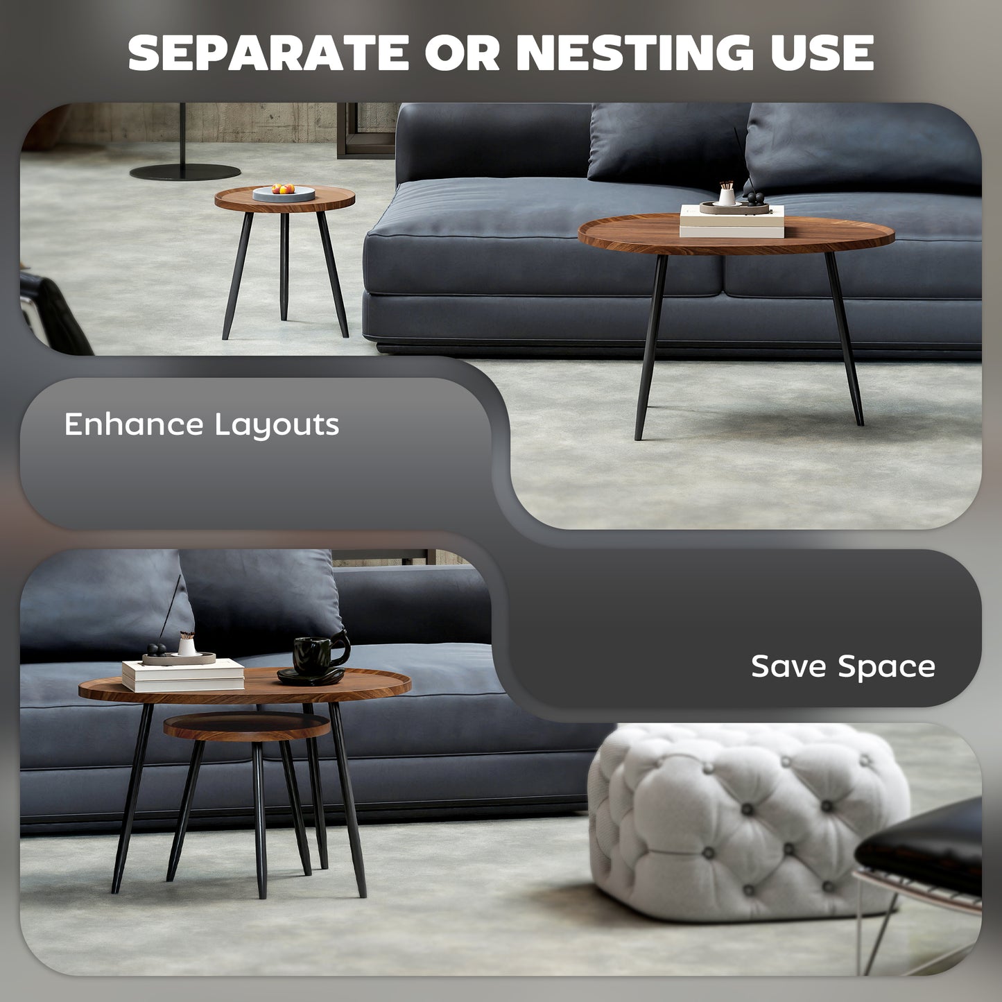 Nesting Coffee Table Set of 2, 80cm Modern Stacking End Side Table with Metal Legs for Living Room Bedroom Office