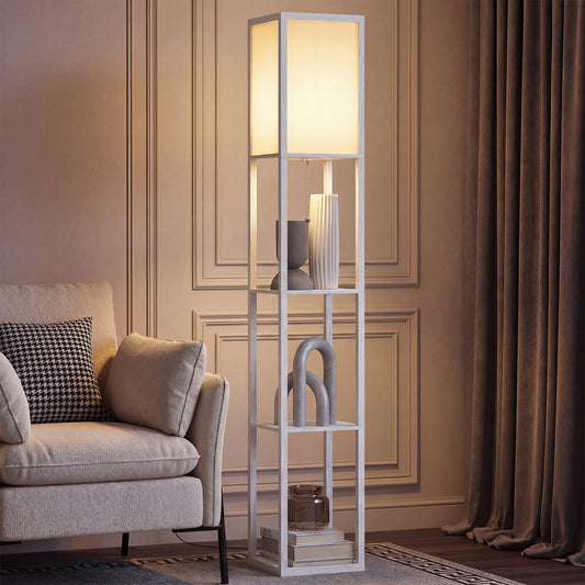 3-Tier Floor Lamp with Shelves and Storage, Modern Corner Standing Lamp with Lampshade, Foot Switch for Living Room, Bedroom