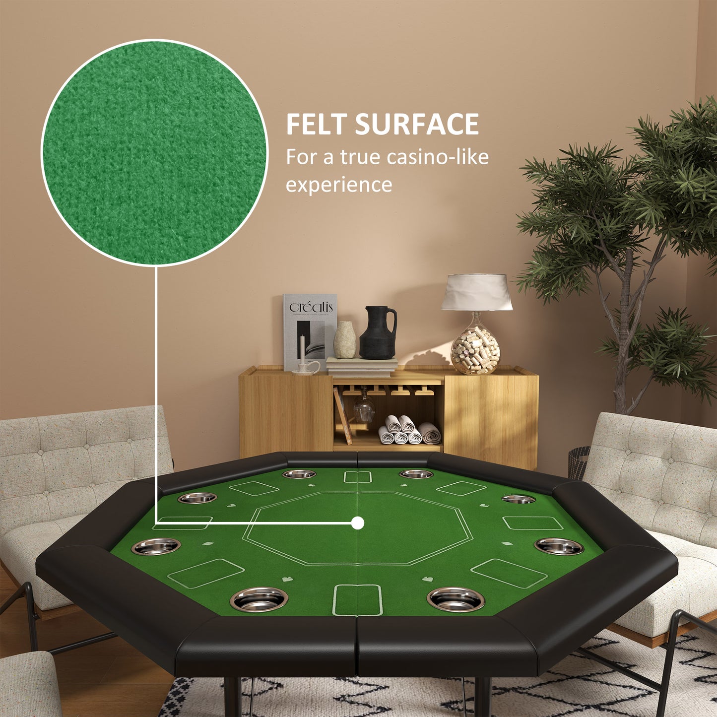 8 Player Folding Poker Table, Portable Octagon Blackjack Table with Cup Holders, Padded Edge, Green