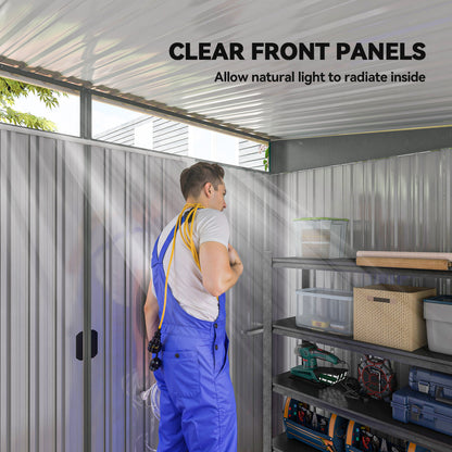 9ft x 6.5ft Garden Storage Shed with Top Window, Metal Outdoor Shed Tool House with Double Doors, Light Grey