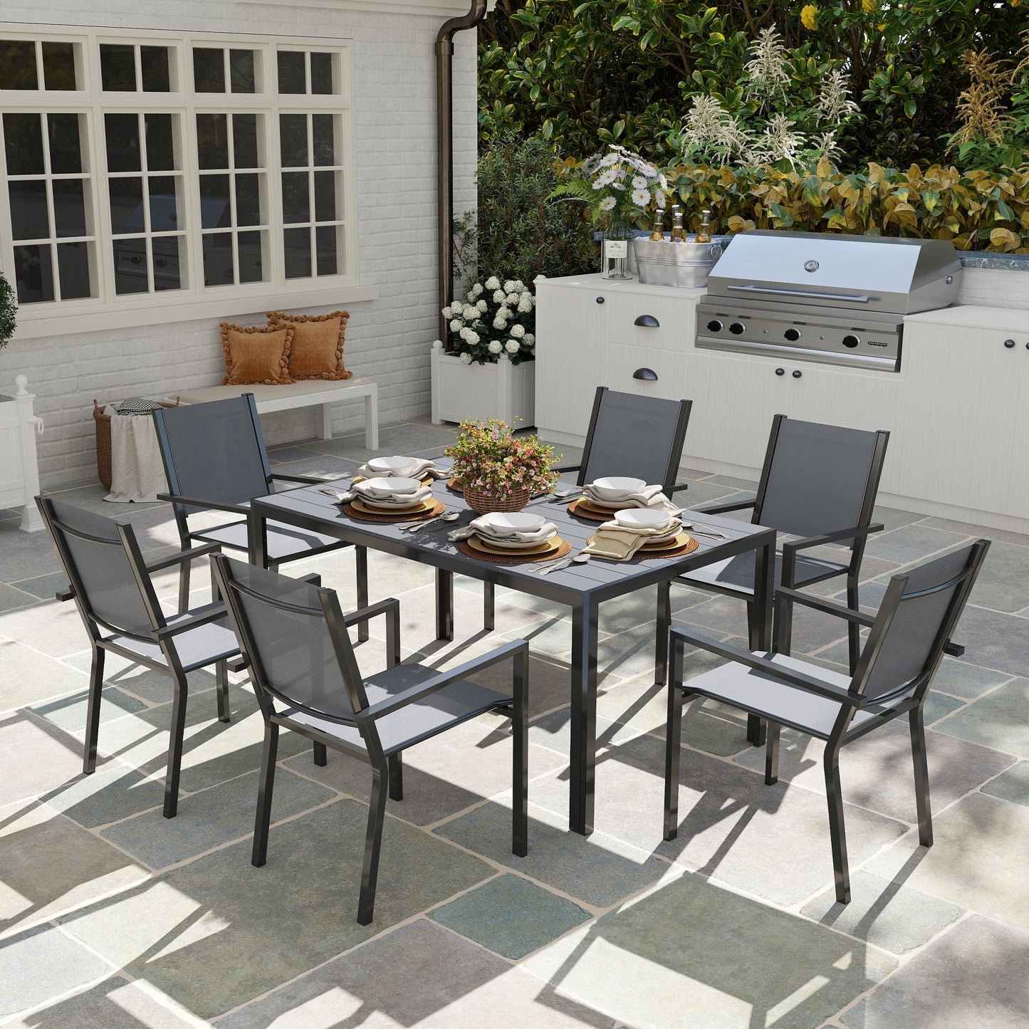 7 Piece Garden Dining Set, Outdoor Furniture Set with 6 Stackable Chairs and 150 cm Rectangle Table, WPC Slatted Top
