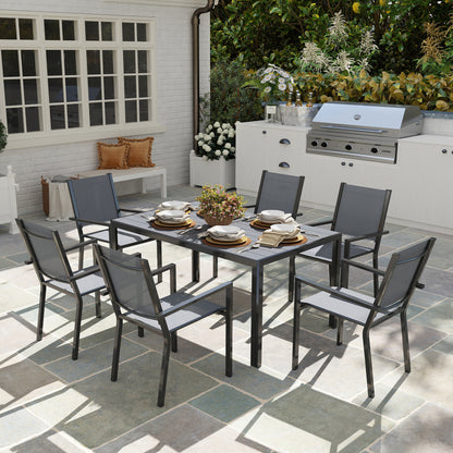 7 Piece Garden Dining Set, Outdoor Furniture Set with 6 Stackable Chairs and 150 cm Rectangle Table, WPC Slatted Top